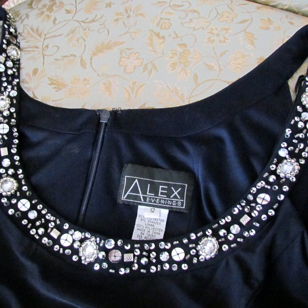 NAVY BLUE FORMAL MAXI, 12, ALEX EVENINGS, BLING STRAPS, FLARED GALA BALL GOWN - Picture 3 of 6